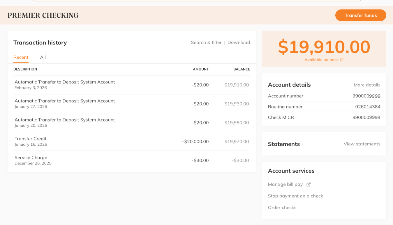 Alma Bank Online Banking Accounts Page
